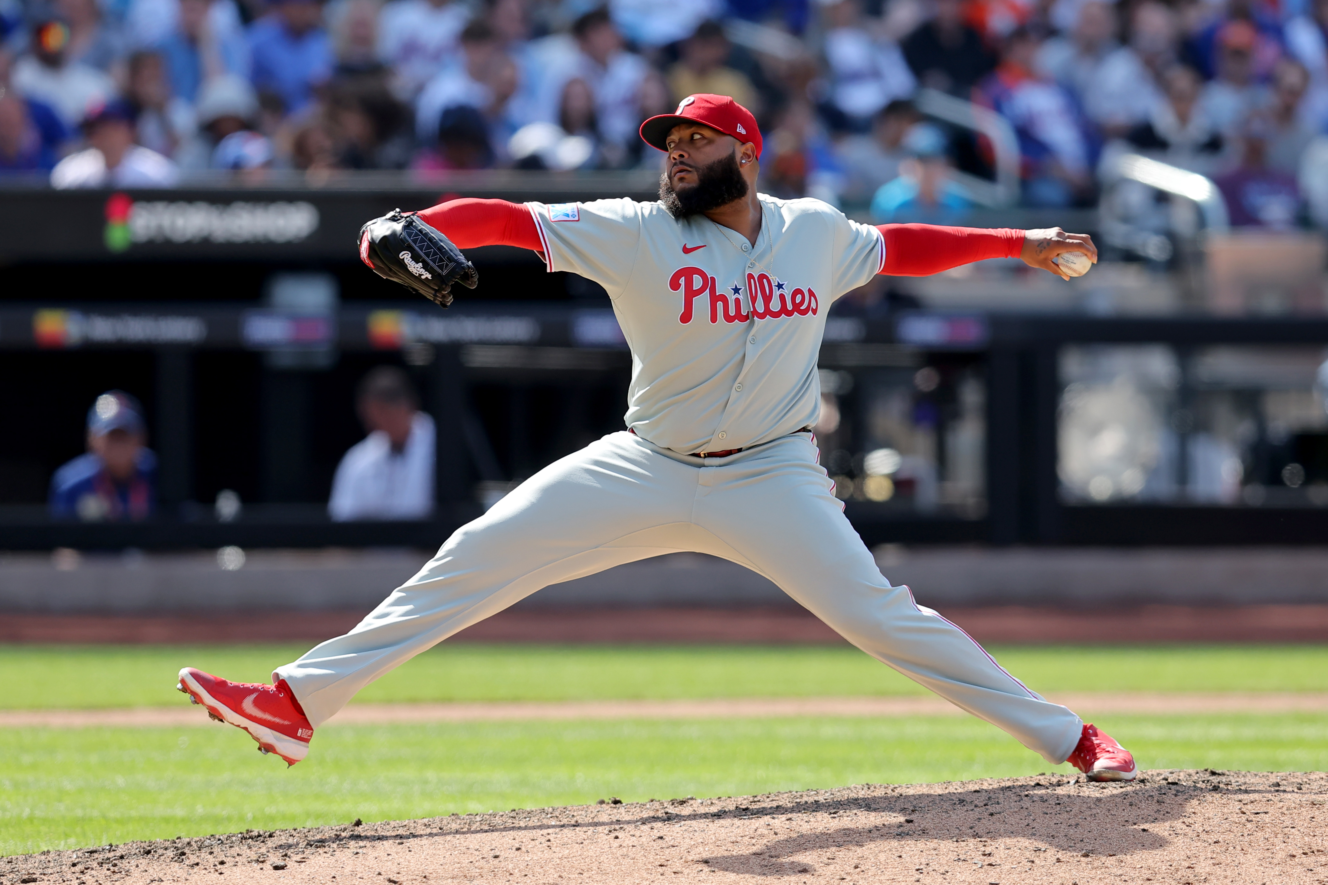Apr 23, 2025; New York City, New York, USA; Philadelphia Phillies relief pitcher Jose Alvarado (46) pitches against the New York Mets during the eighth inning at Citi Field. Mandatory Credit: Brad Penner-Imagn Images